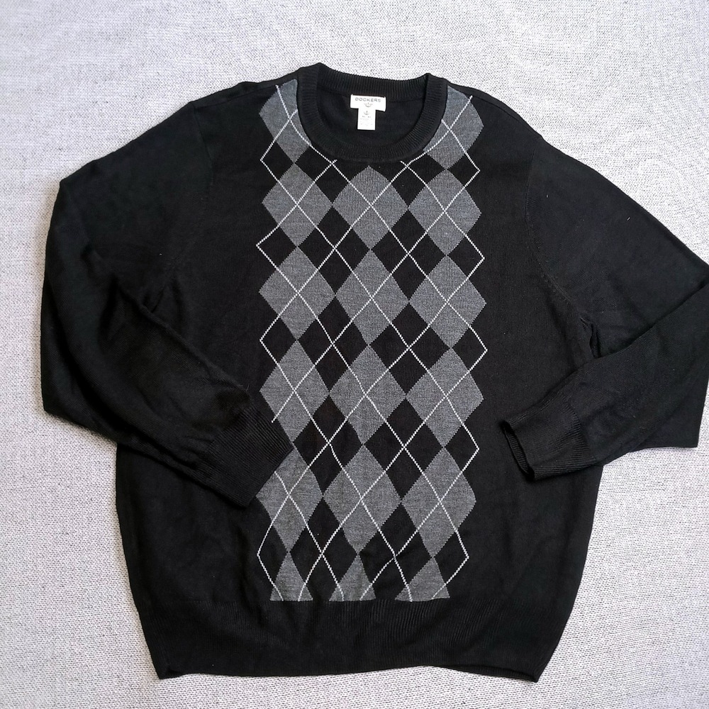 Dockers Argyle Sweater Mens XL Black Excellent Crew Neck Long Sleeve Knit